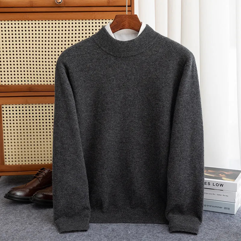Men's half-turtleneck wool sweater in loose winter business style with thick rough yarn knit