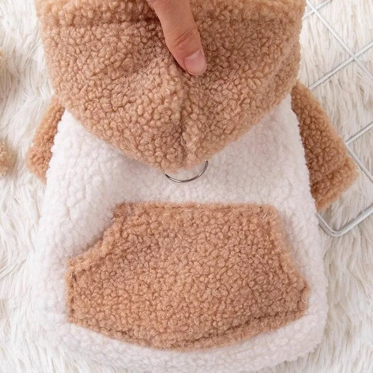 Brown hooded cotton-padded coat for small pets on dog mannequin