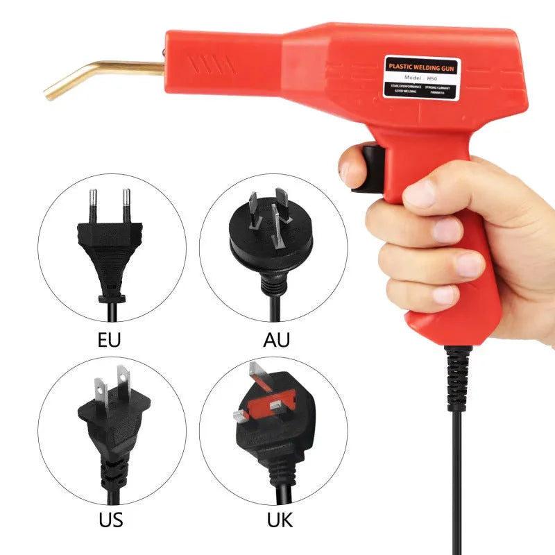 Red plastic welding gun with pure copper transformer, 200 nails, and pliers knife in black storage box