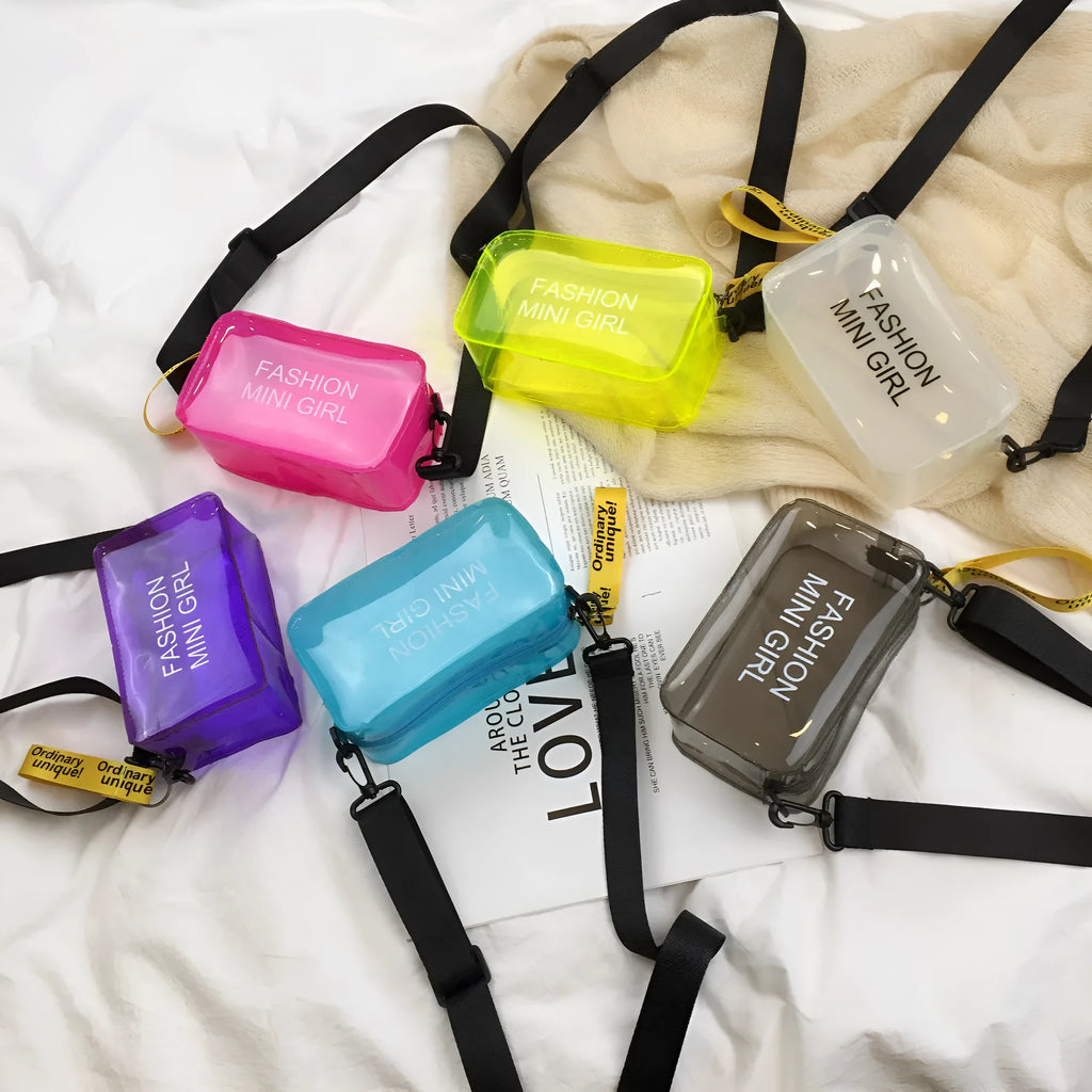 Transparent square women's shoulder bag with adjustable strap in multiple colour options showing internal mobile phone pocket