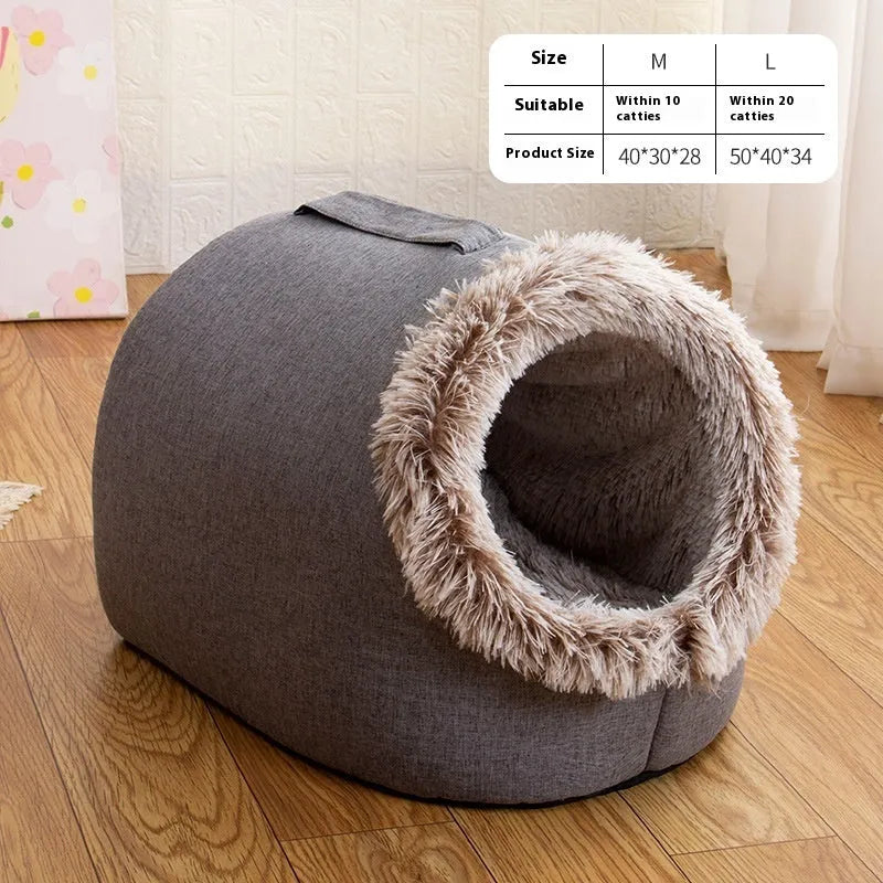Grey fleece-lined closed cat sleeping bag for winter, shown next to a brown version.