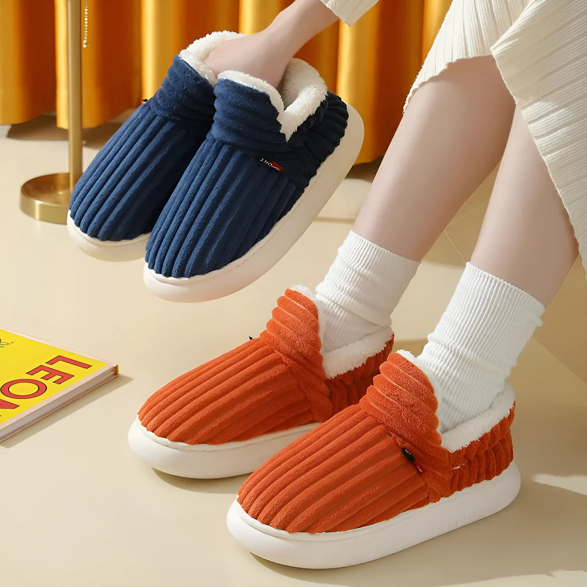 Women's cotton winter slippers with corduroy inner, low top, flat heel, available in various colours and sizes 36-47