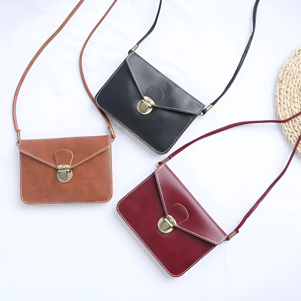 Retro shoulder messenger bag in wine red with flap closure and crossbody strap