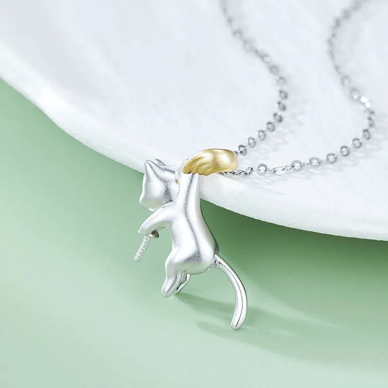 925 sterling silver clavicle necklace with a cat pendant and electroplated finish.