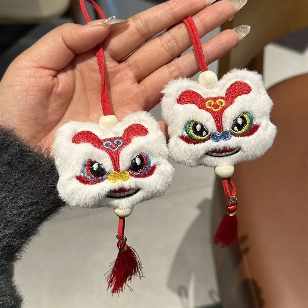 Blue and yellow Chinese style plush lion keychain ornament with tassels and star stone decoration