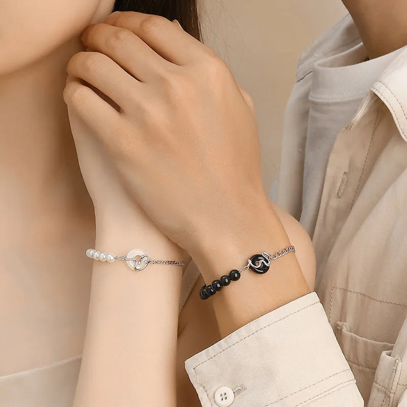 Sterling silver 925 Chinese Obsidian Pearl Bracelet with snake zodiac design and safe buckle for couples