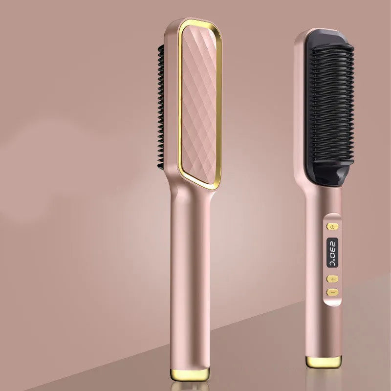 Professional electric hair straightener brush with anti-scalding ceramic curler in gold, 16 heat gears
