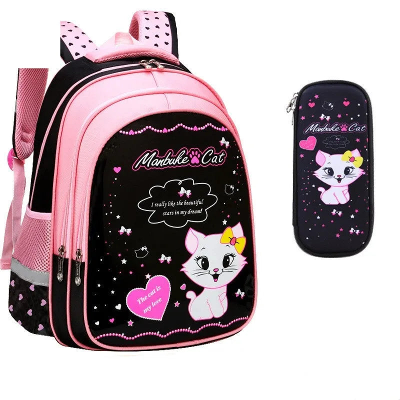 Kids school cute cat print nylon backpack with load-reducing design and computer pocket in pink and black colourway.