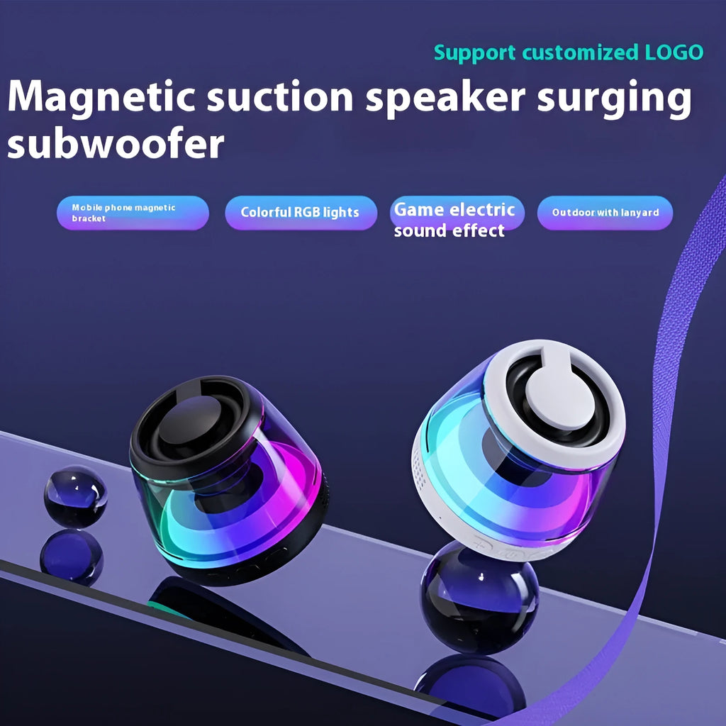 Small black or white portable Bluetooth speaker with magnetic base and card slot