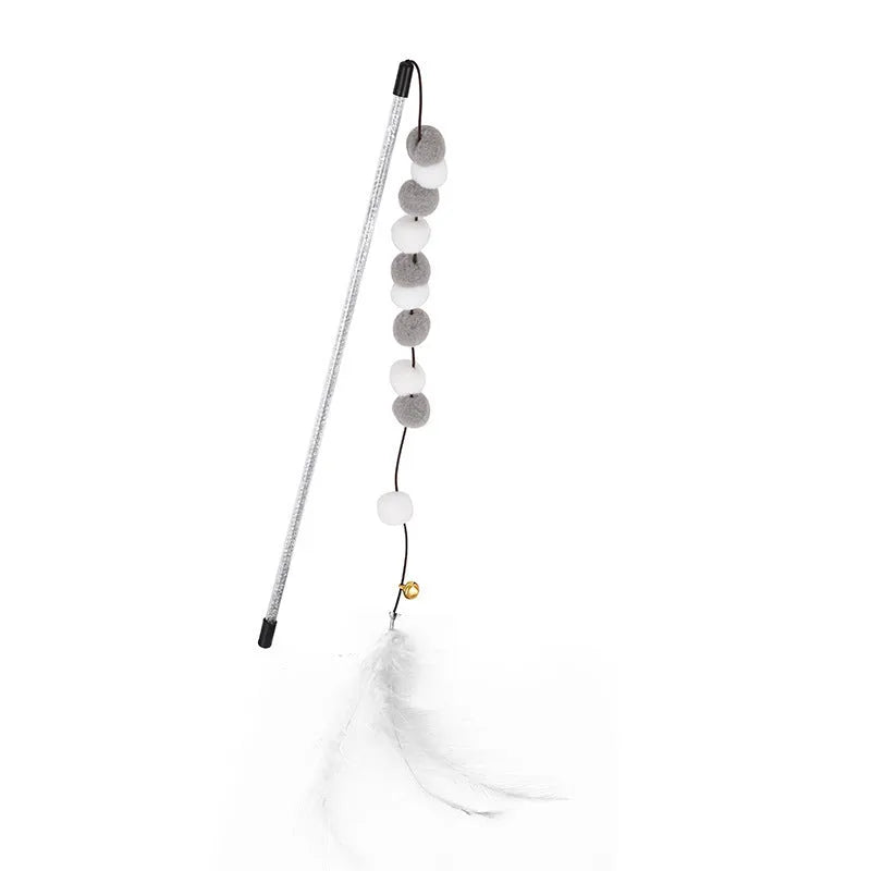 31cm acrylic cat teaser stick with contrast pompon feathers and bell in blue, grey, pink or yellow
