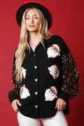 Women's black long-sleeved button fleece shirt with Santa Claus pattern and sequined sleeves on both sleeves
