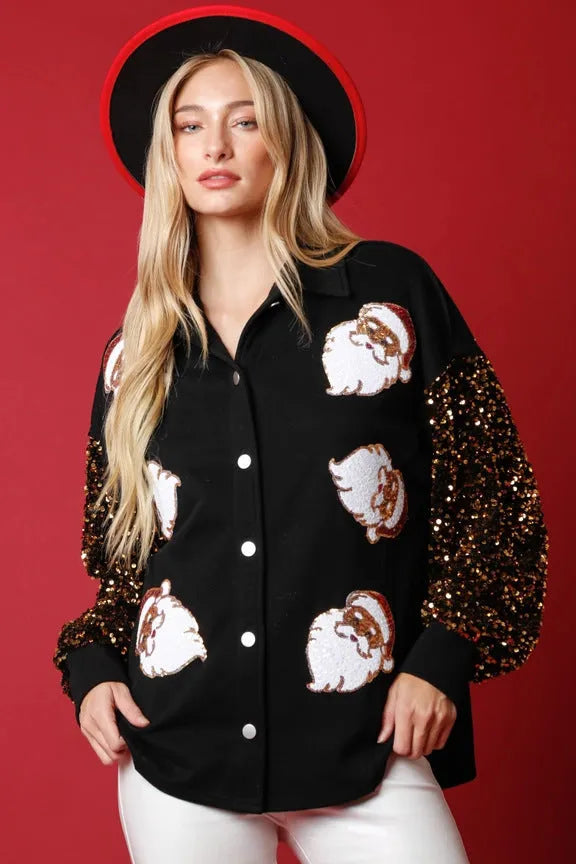 Women's black long-sleeved button fleece shirt with Santa Claus pattern and sequined sleeves on both sleeves