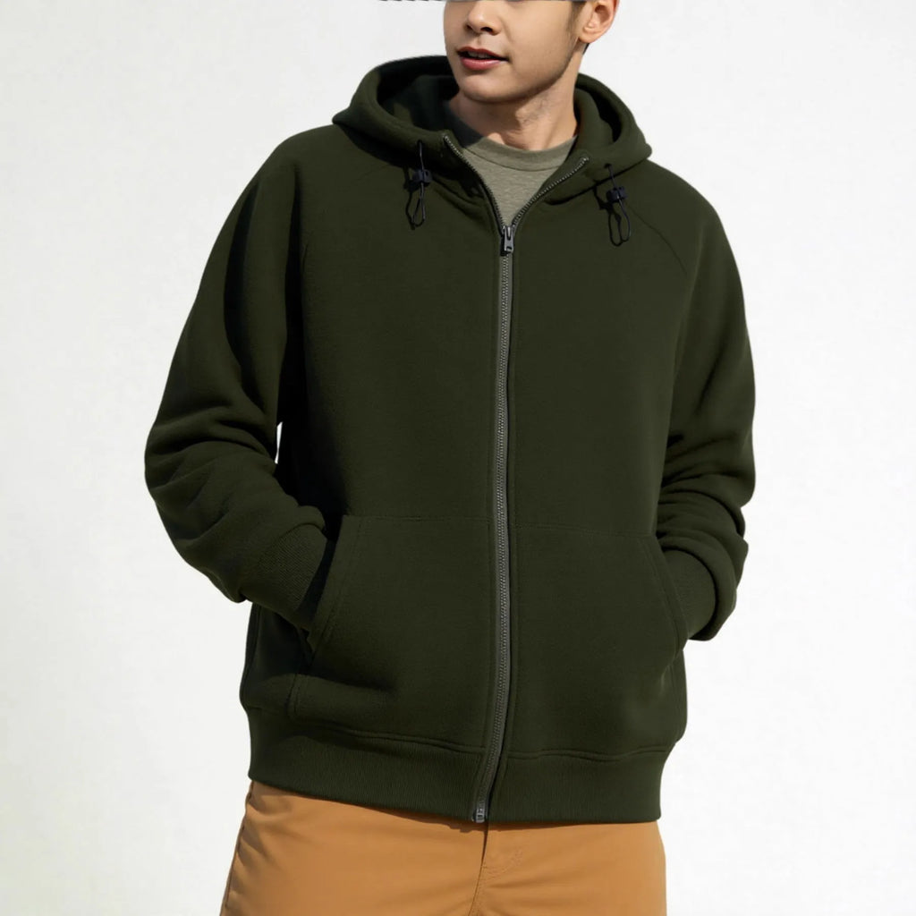 Solid colour full zipper hooded jacket for men in brown, polyester fibre long sleeve casual sweater