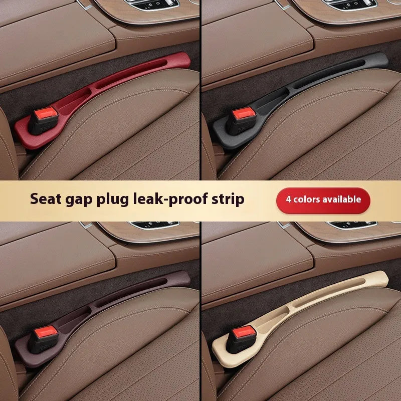 Leak-proof car seat gap filler strip in black installed between driver seat and centre console