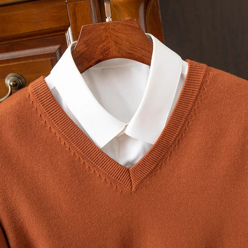 Men's V-neck knitted pullover sweater in grey, made from viscose blend fabric, with ribbed hem