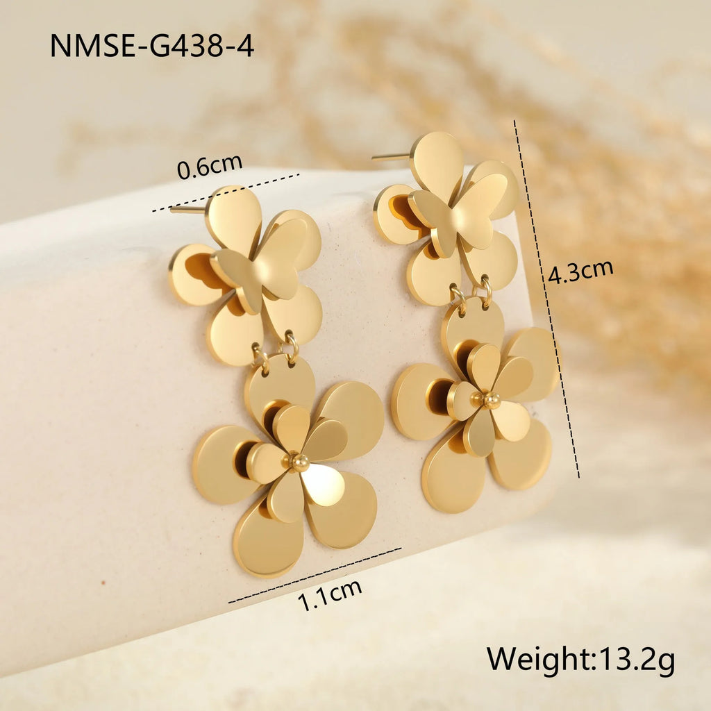 Women's floral butterfly stainless steel earrings with 18K gold electroplated finish