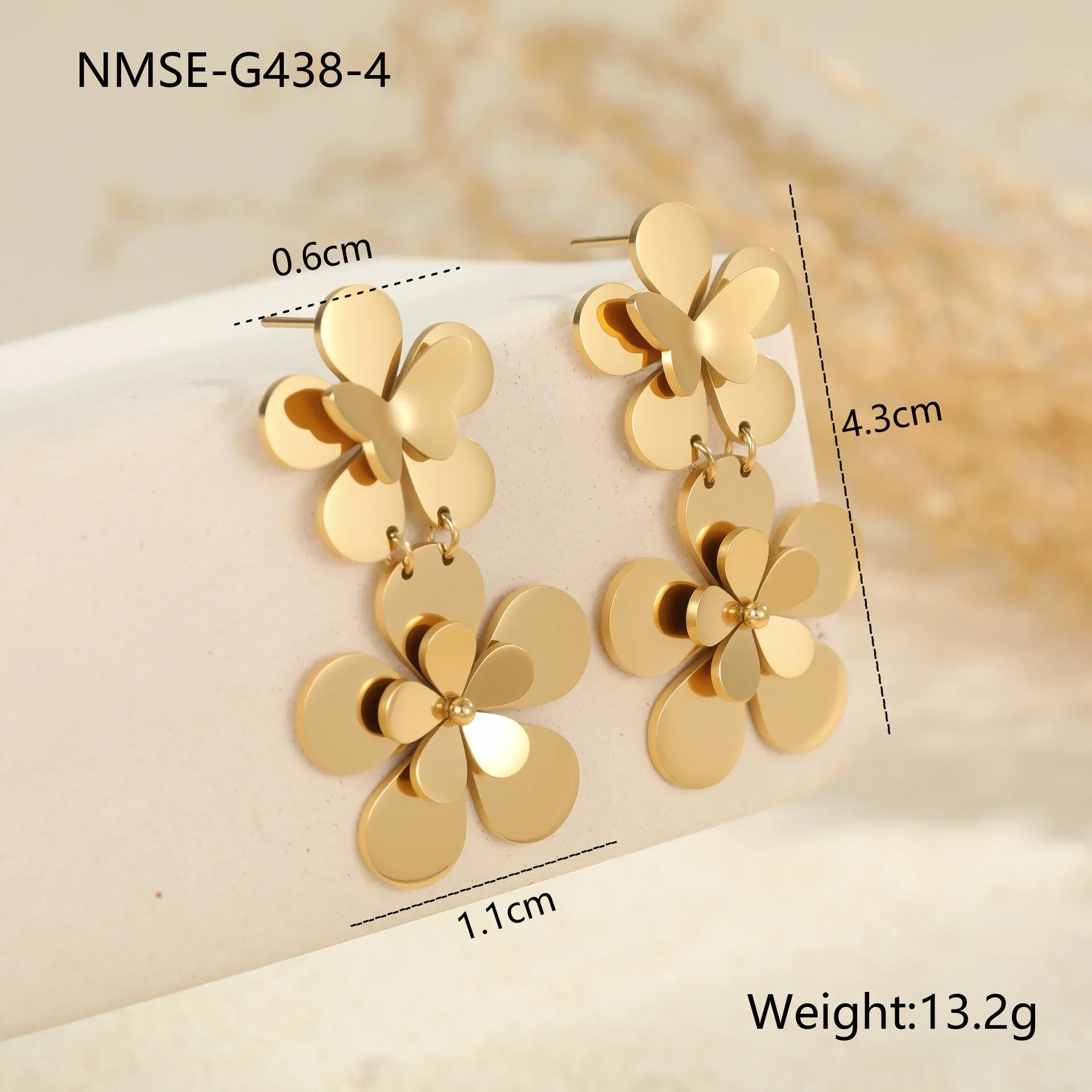 Women's floral butterfly stainless steel earrings with 18K gold electroplated finish