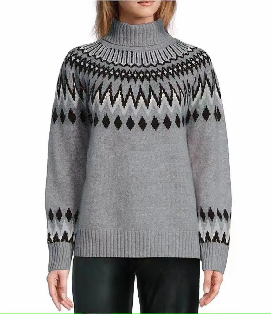 Women's knitted sweater in brown, acetate fibre jacquard pullover with long sleeves, front view