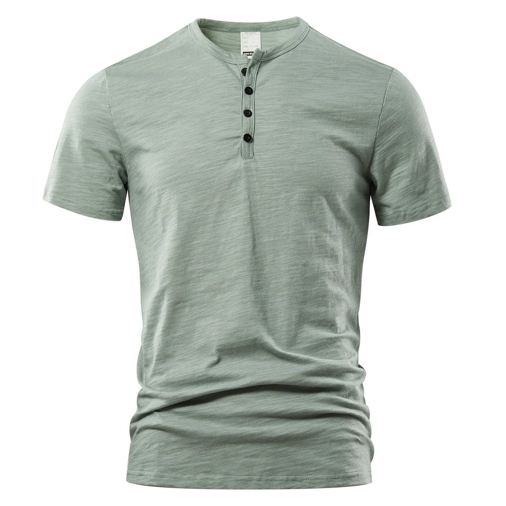 Men's solid colour slub cotton short sleeve T-shirt on a hanger.
