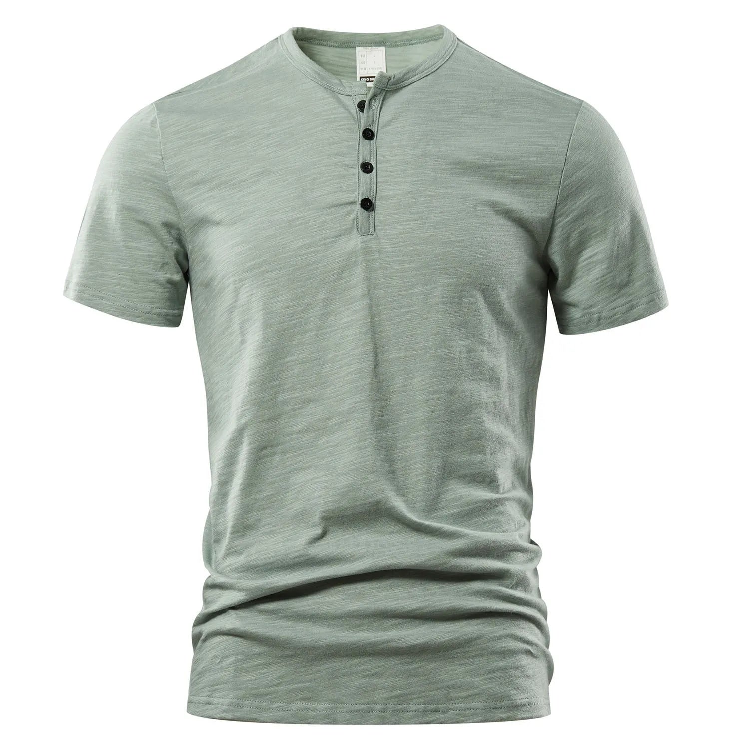Men's solid colour slub cotton short sleeve T-shirt on a hanger.