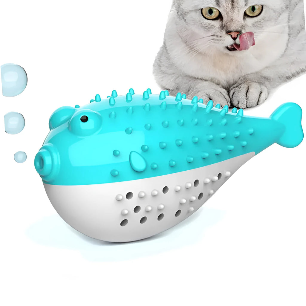 Blue silicone fish-shaped cat chew toy for grabbing and playing