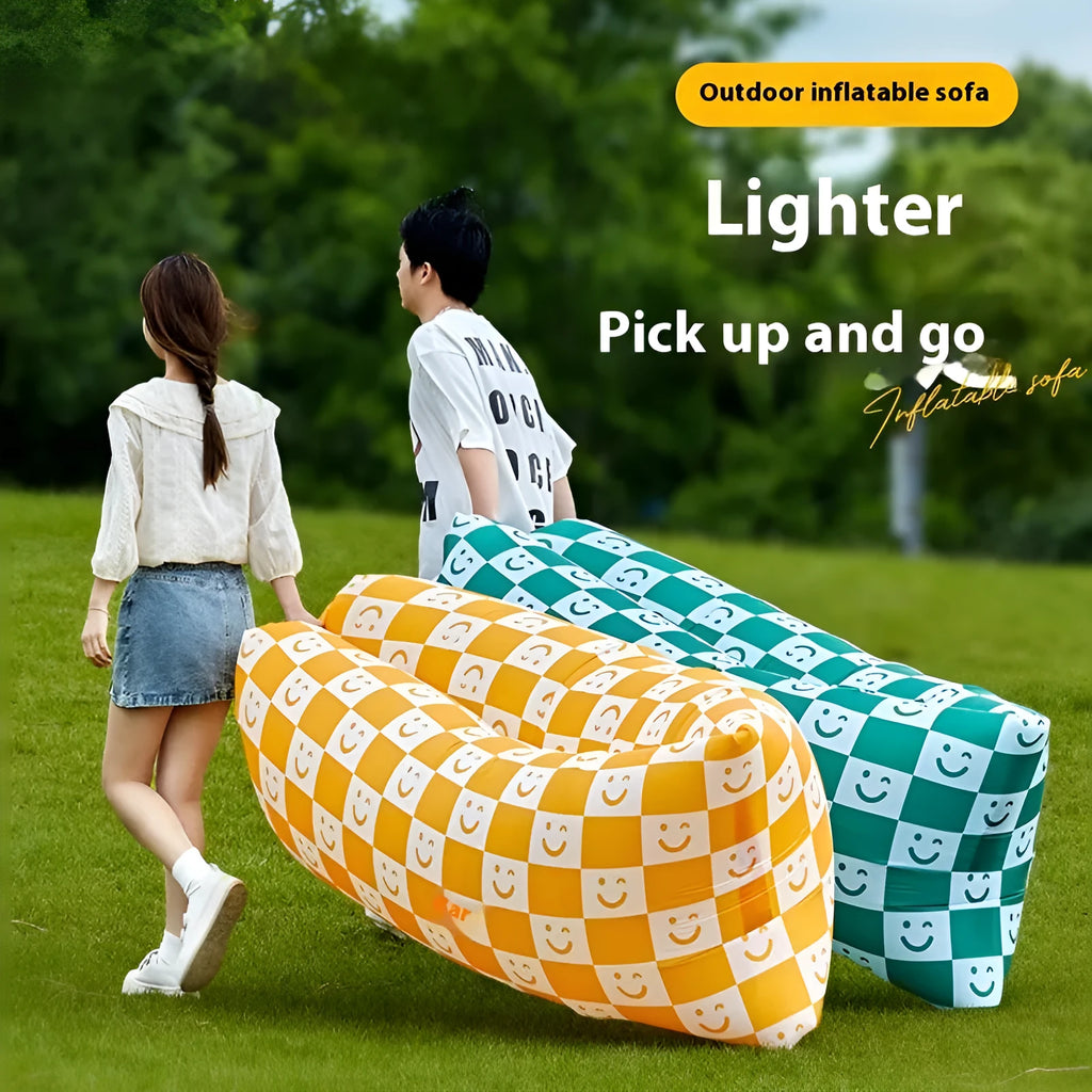Inflatable lazy sofa in outdoor setting with colourful design options
