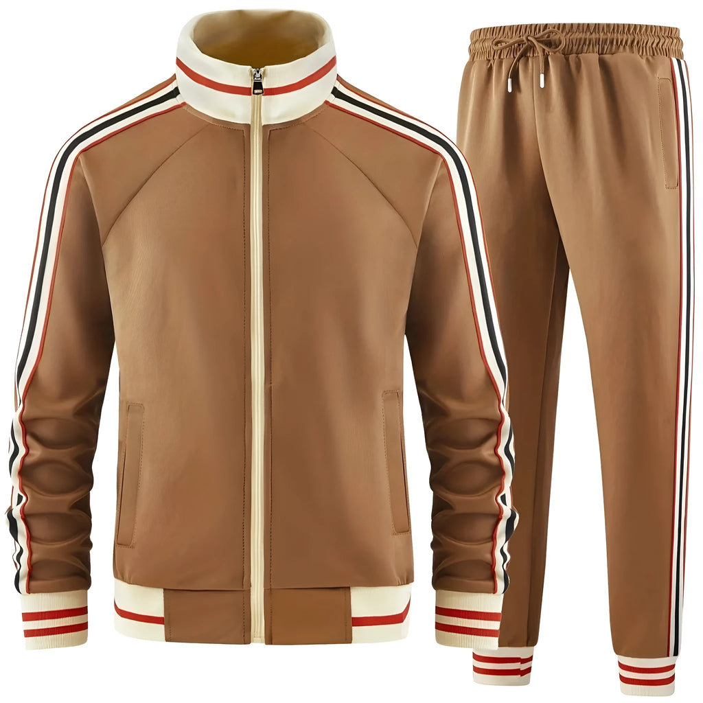Khaki coloured turtleneck zip cardigan and matching trousers casual street style suit