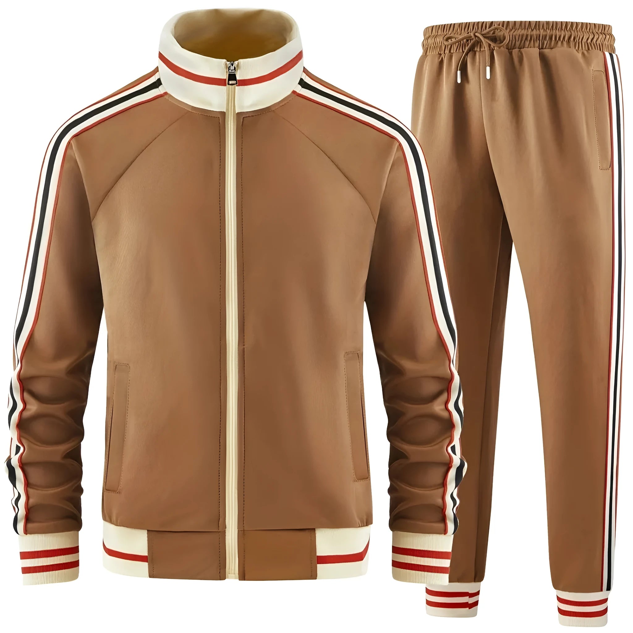 Khaki coloured turtleneck zip cardigan and matching trousers casual street style suit