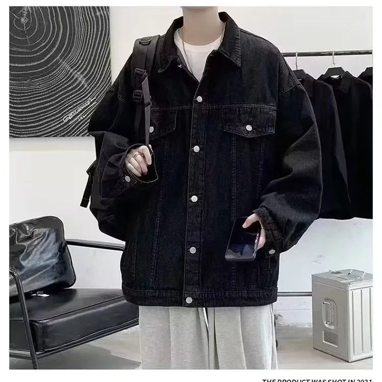 Ins Autumn Loose-fitting Denim Jacket in dark blue with side seam pockets, front view