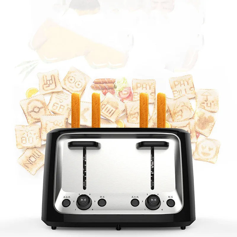 Black home automatic four slot toaster with 1500W power and adjustable baking colour gear knob on a countertop