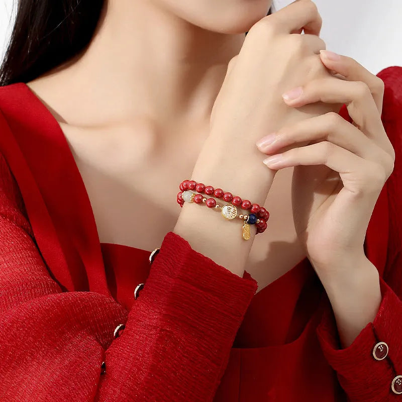 S925 Sterling Silver women's bracelet with white shell and cinnabar blessing card charms, 6mm width