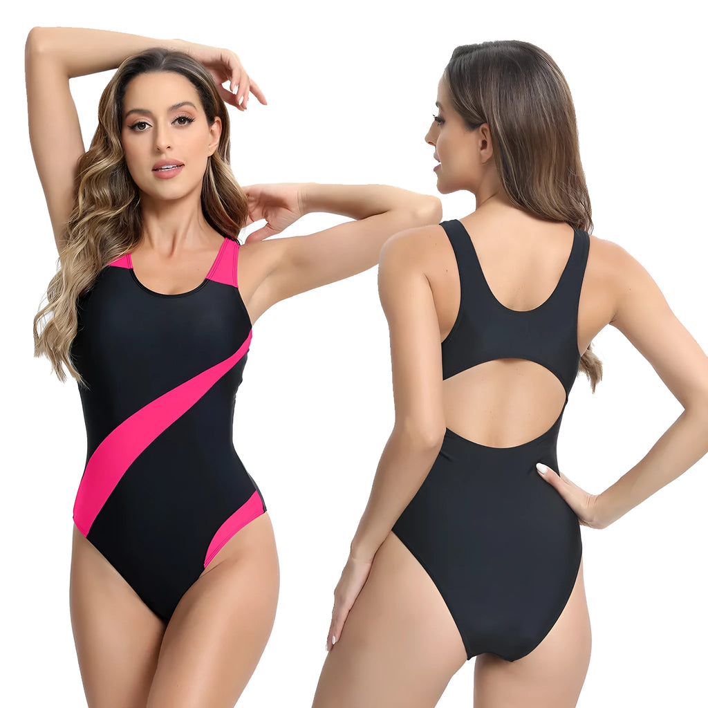 Women's sleeveless one-piece polyester swimsuit briefs in rose red, blue, and white colours
