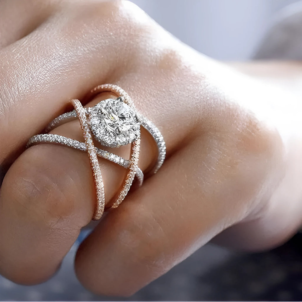 Creative cross zircon ring in rose gold colour separation on copper band