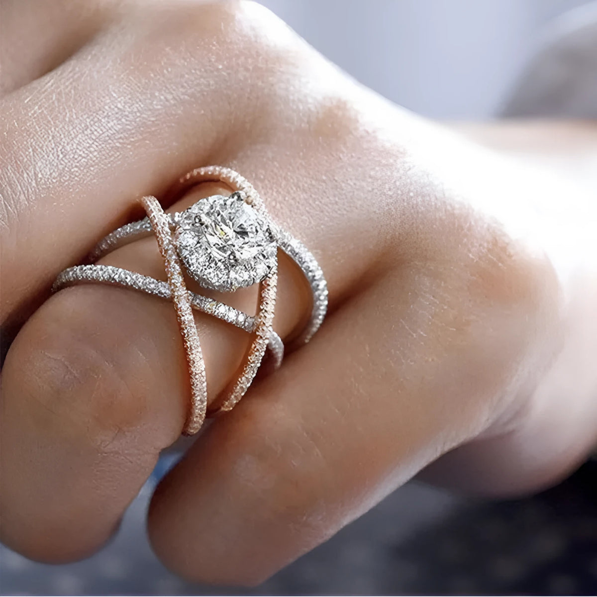 Creative cross zircon ring in rose gold colour separation on copper band