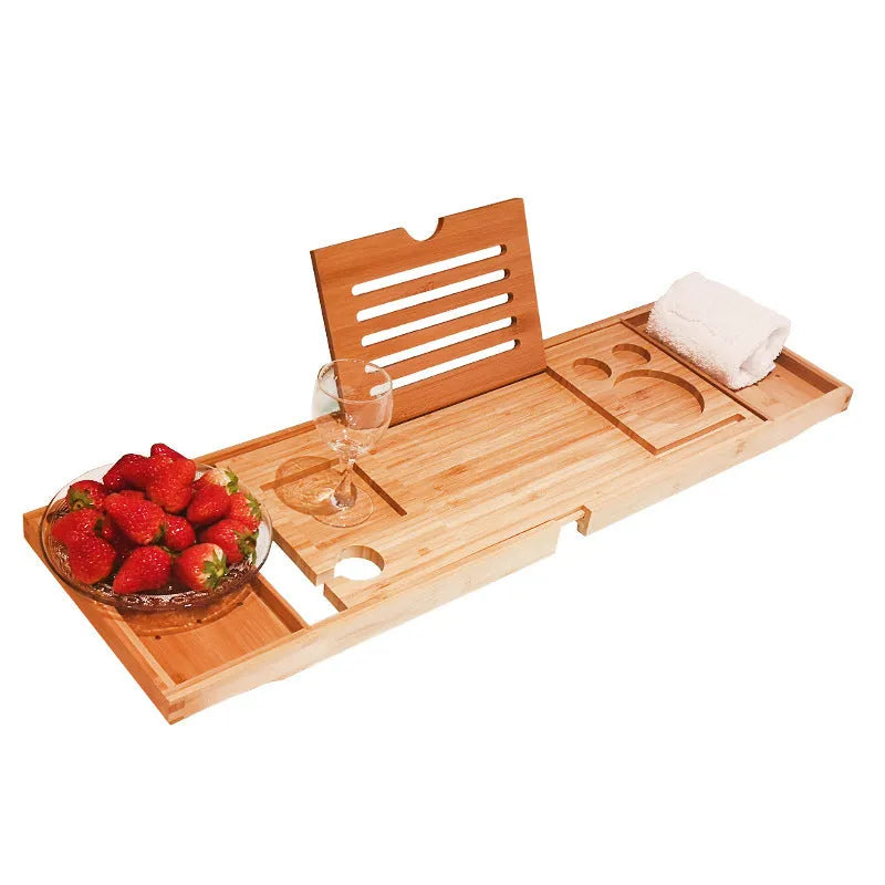 Bamboo retractable bathtub storage rack with single layer and European style finish on a white bathtub