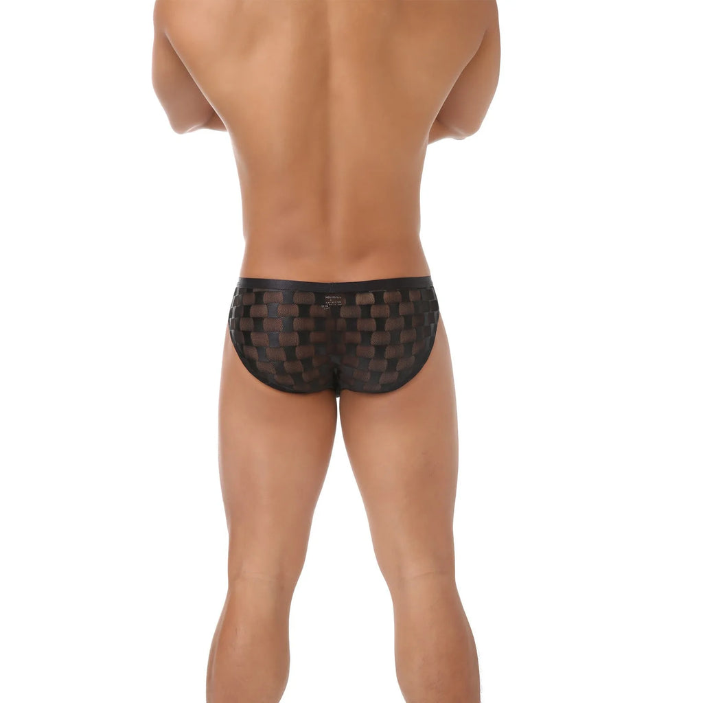 Men's black mesh briefs with plaid pattern showing U-convex construction and lace fabric detail