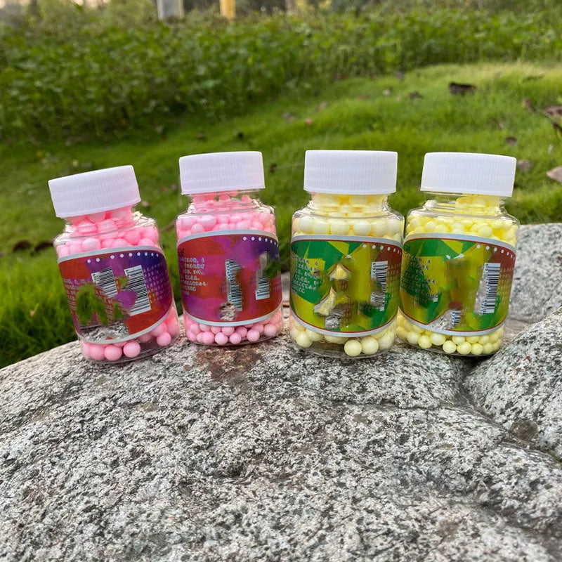European style floating foam bait silo beads for carp fishing, yellow fruit sweet and pink smell, 4-6mm and 7-9mm grain sizes