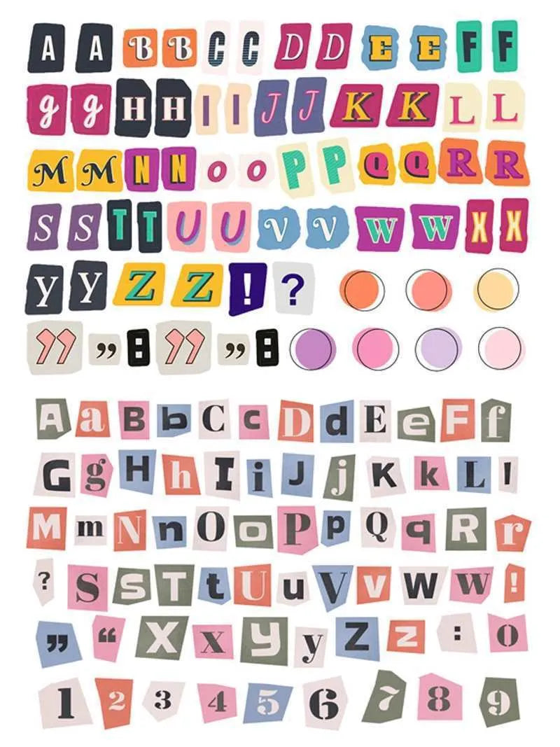Sheet of cute style decorative stickers showing printed English alphabet letters and weekly words.
