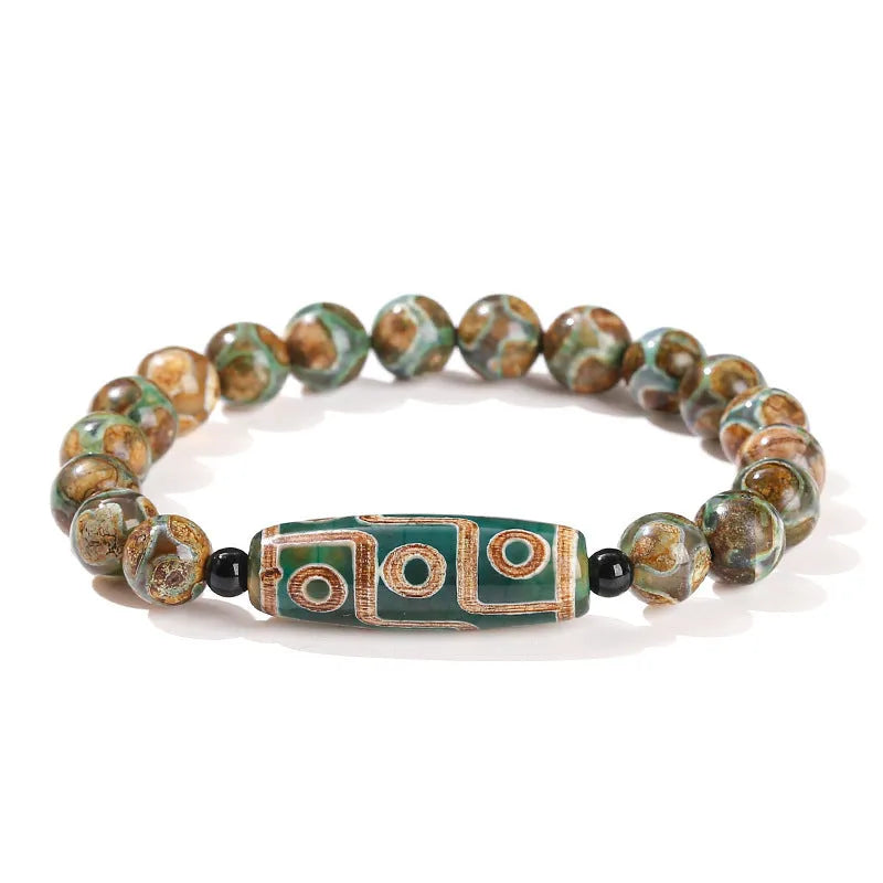 Handmade green dzi bead bracelet with barrel-shaped agate beads in unisex national style design