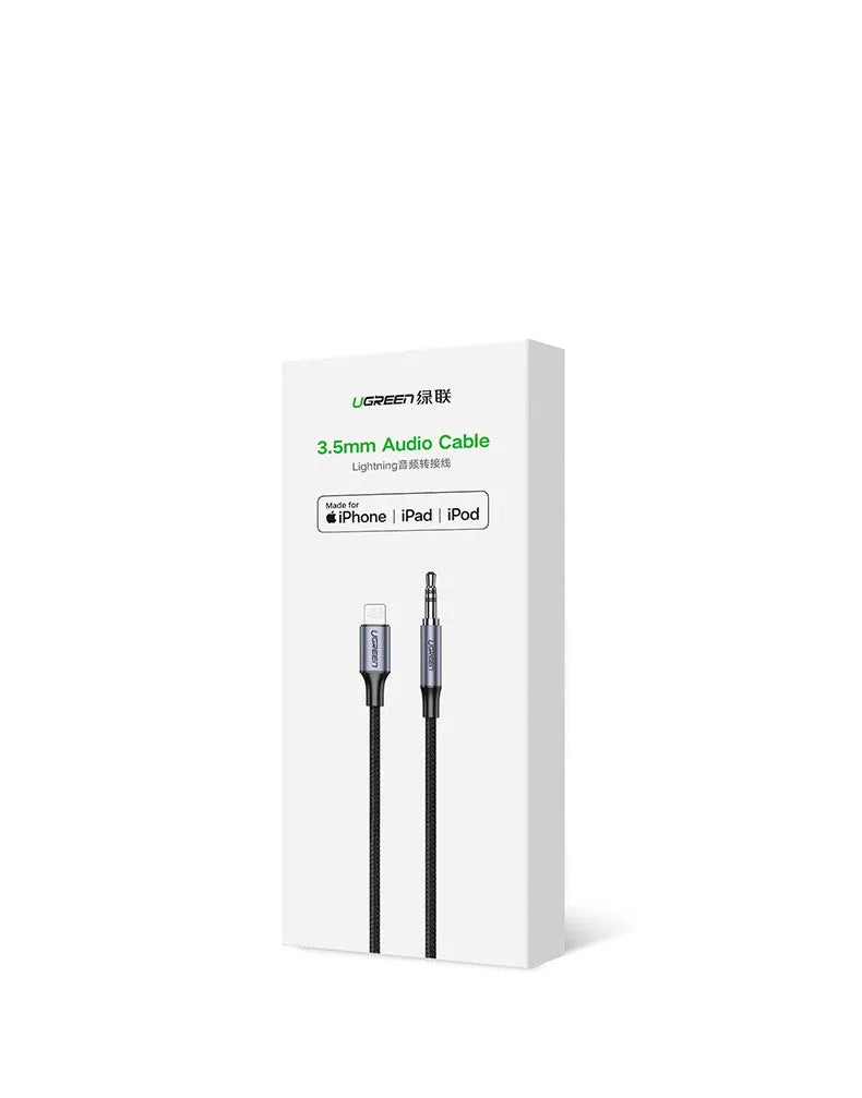 Black Apple Lightning to 3.5mm car audio adapter cable with aluminium shell and braided cable