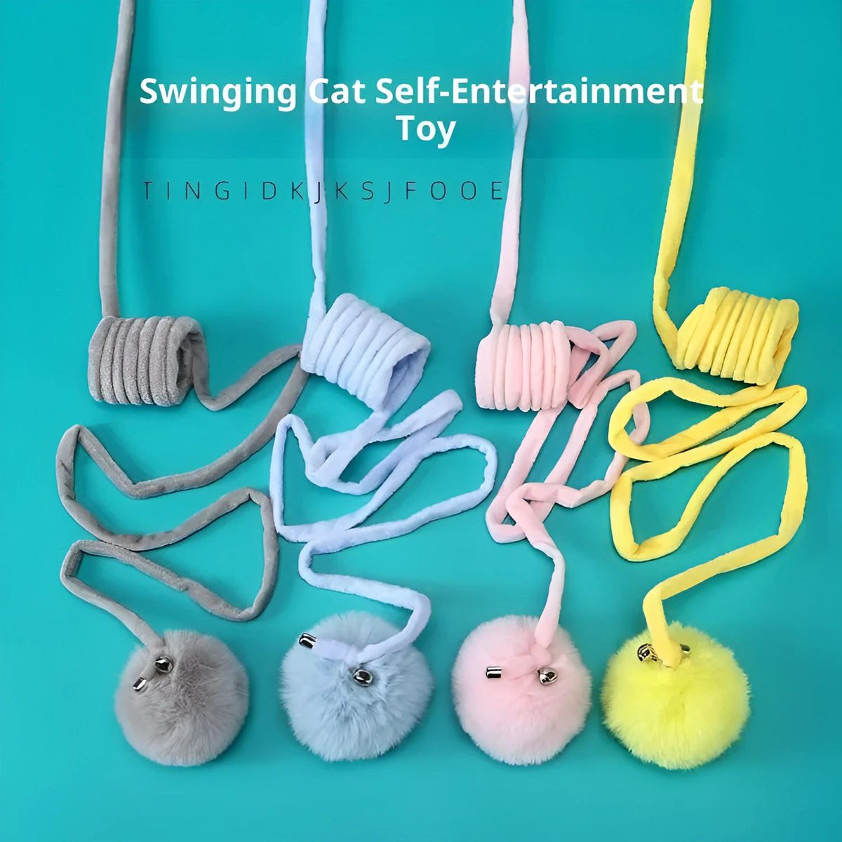 Blue cat toy with suction cup, spring rabbit fur ball, and retractable elastic rope on a door surface