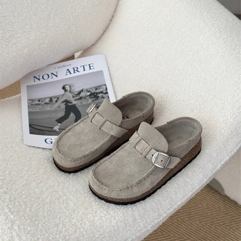 Unisex lazy mule slippers in antelope brown with cow suede upper and cork sole, side view