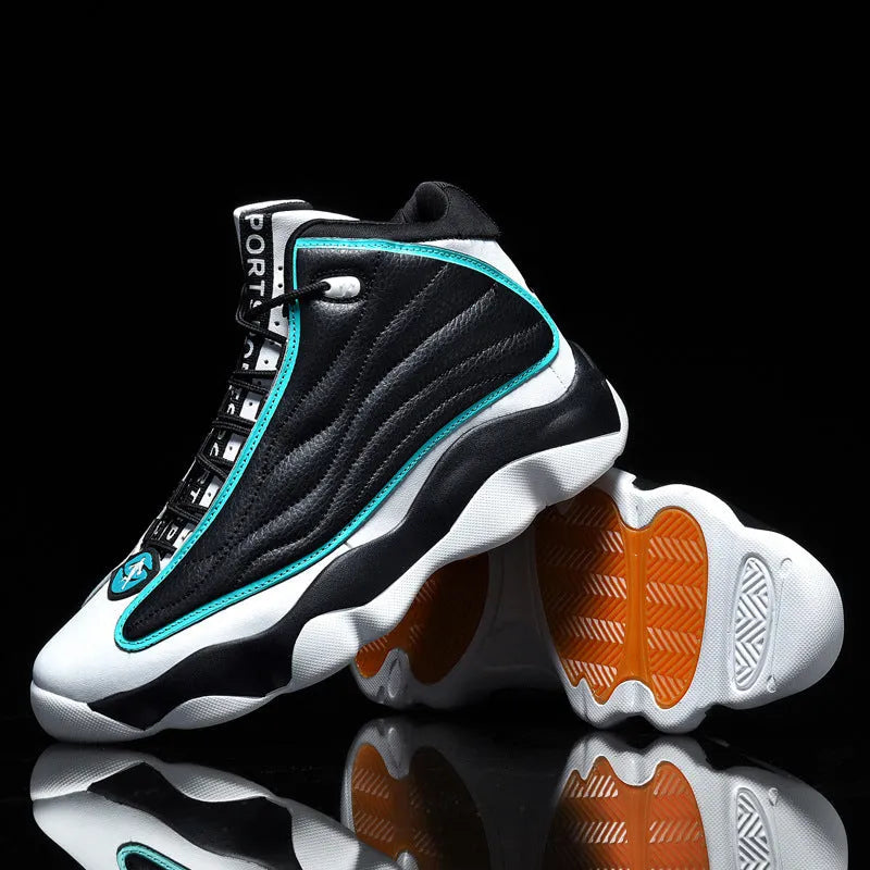 High-top basketball shoes with thick rubber soles and mesh uppers in AJ13 white red colourway
