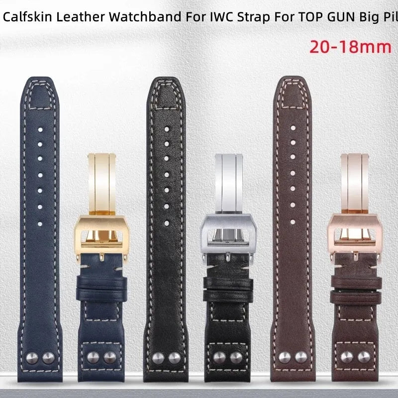 Genuine leather watch band strap in black with silver buckle, 22mm width