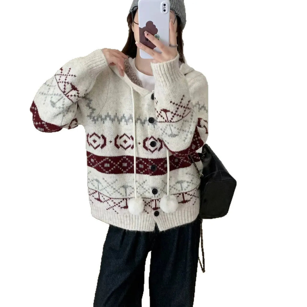 Women's plus size geometric pattern brocade sweater coat in loose fit beige colour