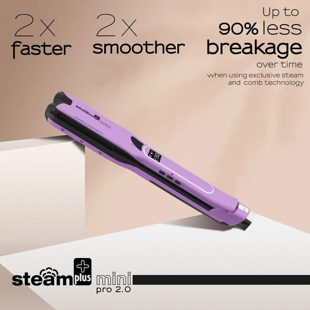 Mini steam hair straightener in champagne colour with styling plates visible