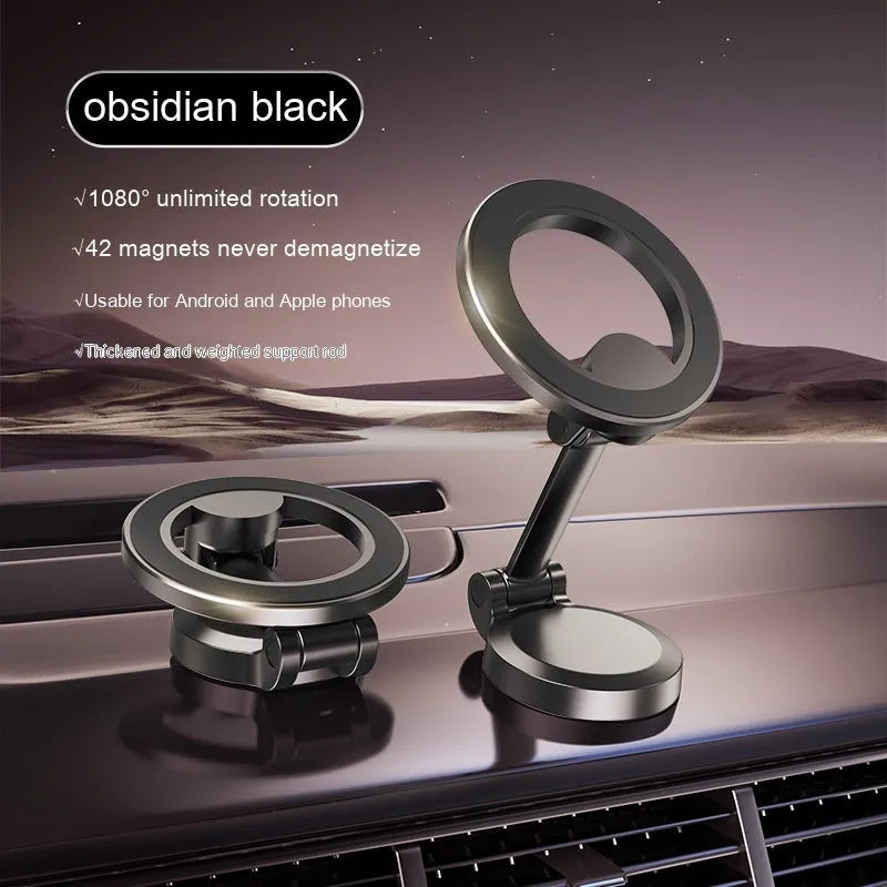 All-metal magnetic car phone mount with foldable design in Qian Colour, showing dashboard mounting bracket