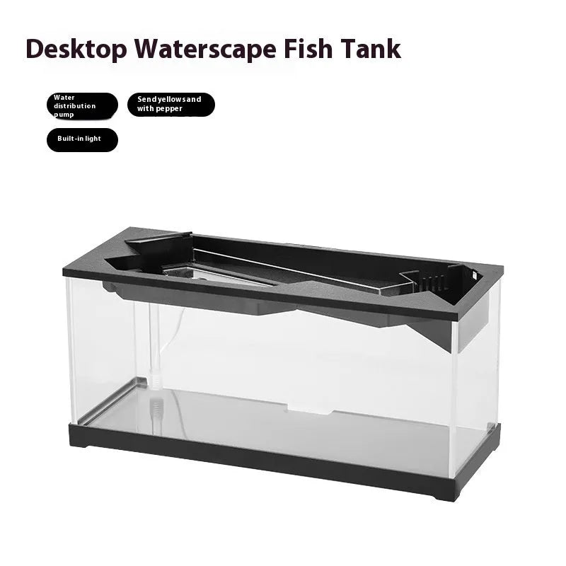 Small acrylic lazy aquarium with integrated filter, water pump, built-in lamp, heating mat, and external light on a desk