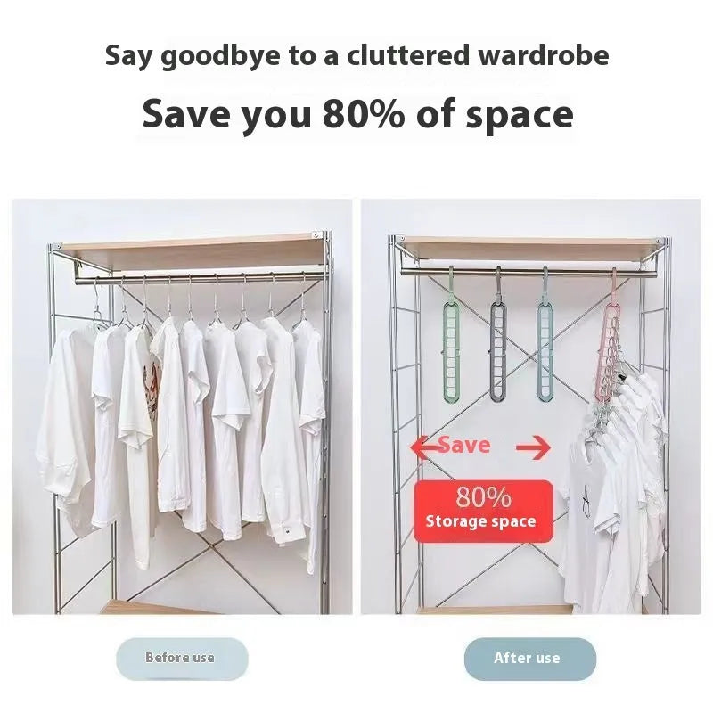 Green plastic nine-hole multifunctional clothes hanger for trousers on a white background.