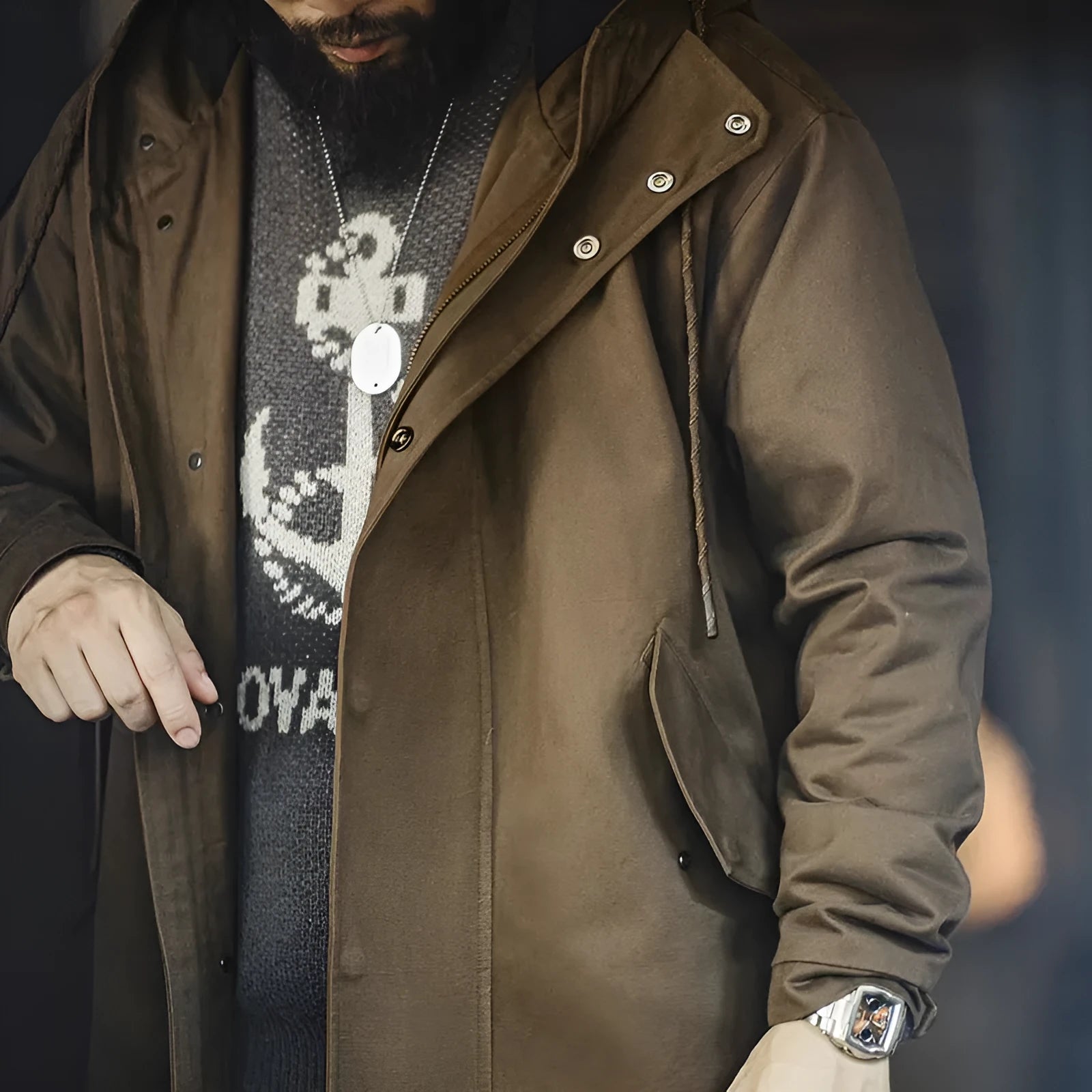 Men's military style brushed fleece hooded windbreaker loose pure cotton mid-length coat autumn brown
